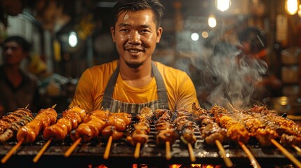 A close-up shot of a Filipino street food vendor preparing delicious local delicacies, with sizzling grills, colorful ingredients