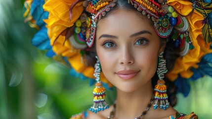 a Filipino woman wearing traditional attire, adorned with intricate patterns and vibrant colors
