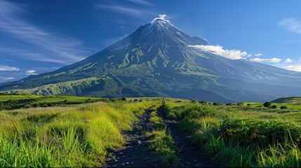 Naklejka premium A panoramic view of the iconic Mayon Volcano, with its perfectly symmetrical cone rising majestically above the surrounding landscape
