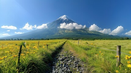 A panoramic view of the iconic Mayon Volcano, with its perfectly symmetrical cone rising majestically above the surrounding landscape