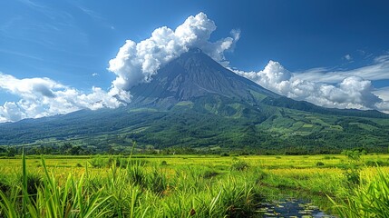 A panoramic view of the iconic Mayon Volcano, with its perfectly symmetrical cone rising majestically above the surrounding landscape - obrazy, fototapety, plakaty