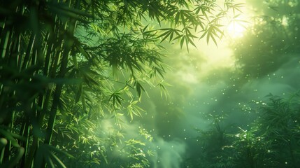 Fototapeta na wymiar A serene bamboo forest bathed in soft morning light, with mist swirling through the trees