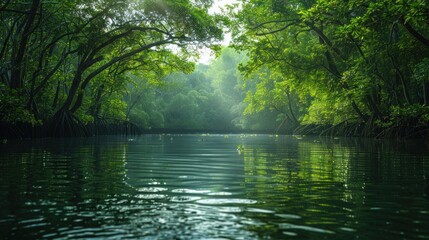 Fototapeta premium A serene river cruise through the lush mangrove forests of Palawan, with mangroves reflected in the still waters