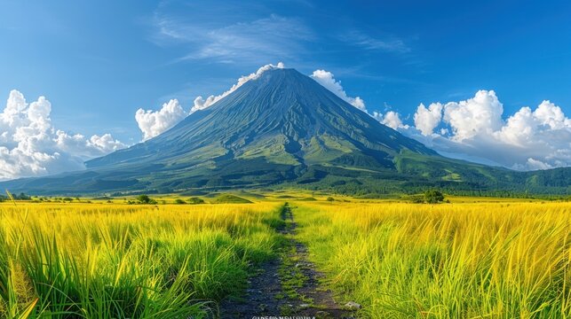 A panoramic view of the iconic Mayon Volcano, with its perfectly symmetrical cone rising majestically above the surrounding landscape
