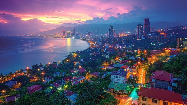 A panoramic view of the vibrant metropolis of Cebu City, with skyscrapers soaring into the sky, bustling streets filled with colorful markets