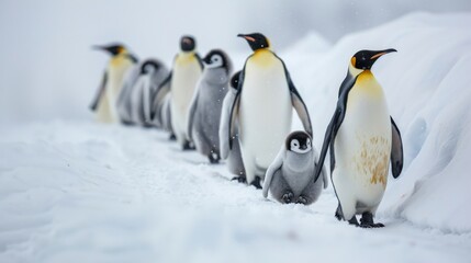 Fototapeta premium A line of penguins waddling through the snow, their fluffy chicks in tow, illustrating the communal spirit and the enduring charm of wildlife families in winter settings.