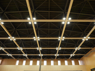静かな体育館の屋根の仕組みとライトの様子