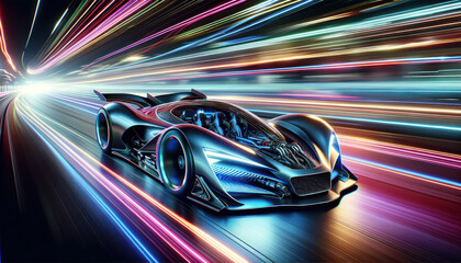 Obraz premium racing car in motion, with vibrant neon light trails flowing in the background.