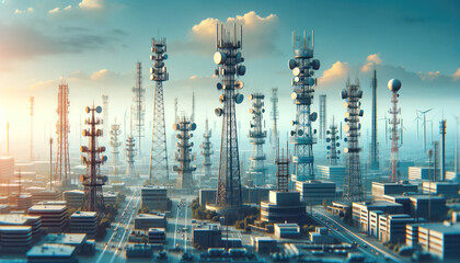 Futuristic City Communication Towers - obrazy, fototapety, plakaty