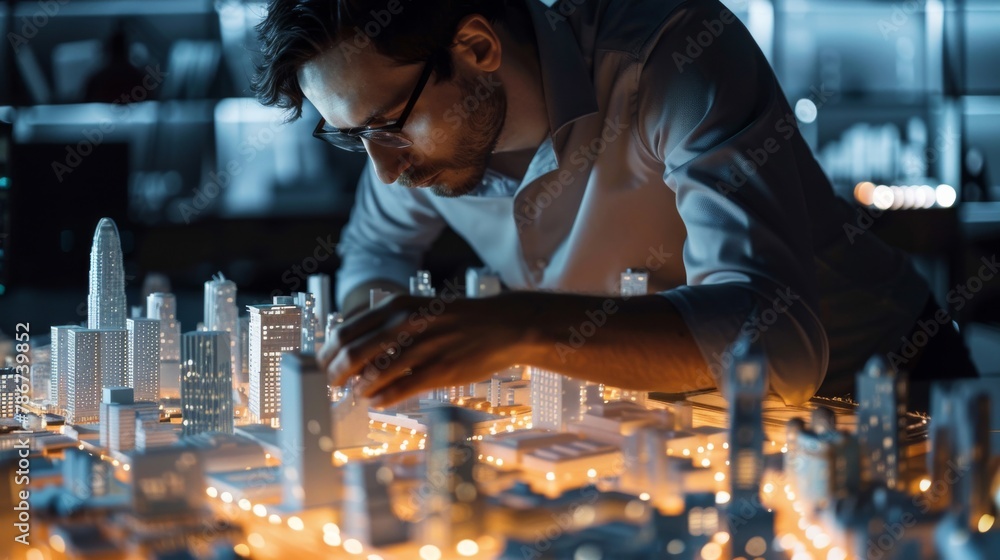 Poster a data scientist analyzing data from a smart city model, in a detailed architectural style.