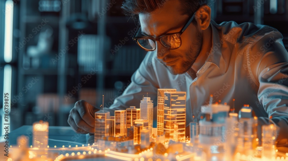 Poster a data scientist analyzing data from a smart city model, in a detailed architectural style.