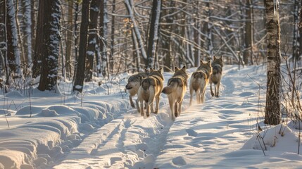 Fototapeta premium A majestic wolf pack moving silently through the forest, their tracks weaving a delicate pattern in the fresh snow, reflecting the unity and strength of their family bond.