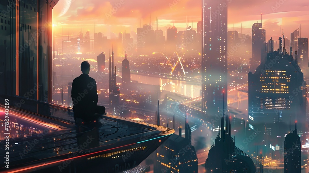 Poster a data scientist overlooking a futuristic city using big data to enhance urban life, in a utopian sc