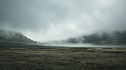 A moody, atmospheric landscape with rolling fog and muted colors, creating a sense of mystery and depth. - obrazy, fototapety, plakaty