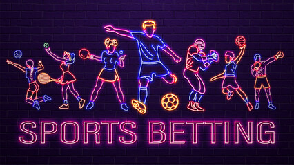 A web banner with neon bright football, basketball, tennis, ping pong, boxing and volleyball players on a brick wall background. A concept for sports betting. - obrazy, fototapety, plakaty
