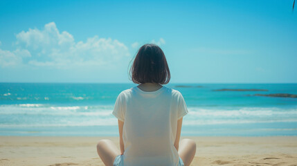 Fototapeta na wymiar 砂浜に座り海の方を見ている若い女性の後姿の明るく美しい写真