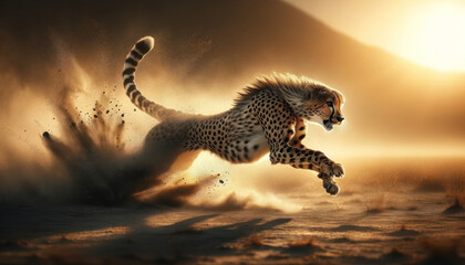 cheetah in full sprint, kicking up a storm of dust behind it. The scene takes place on an arid savannah