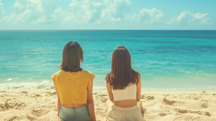 Fototapeta premium 砂浜に座り海の方を見ている若い女性二人の後姿の明るく美しい写真