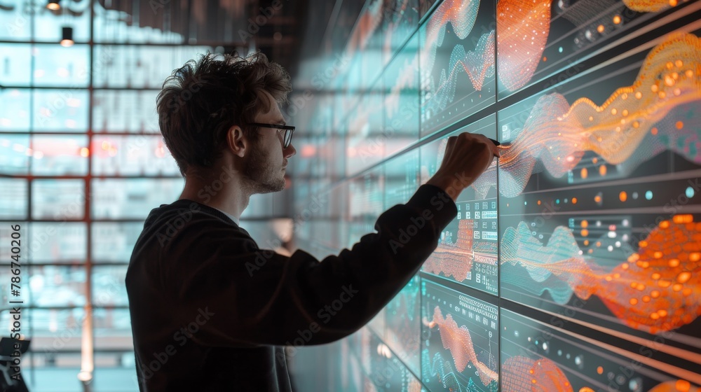 Poster a data scientist visualizing complex data sets on an interactive wall display, in a modern minimalis