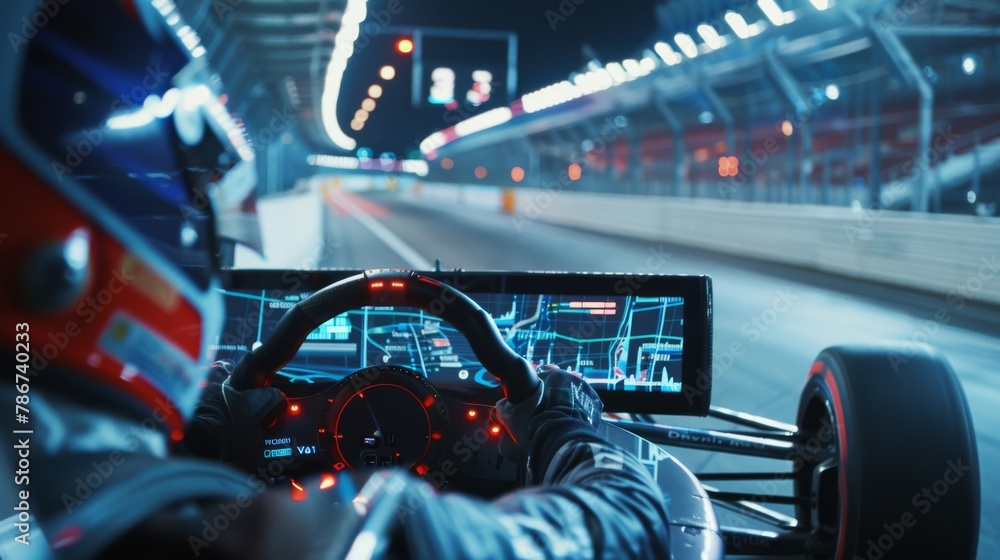 Poster a devops engineer at a racing track using real-time data to optimize vehicle performance, in a high-
