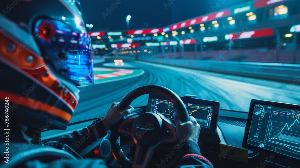 Poster a devops engineer at a racing track using real-time data to optimize vehicle performance, in a high-