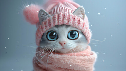 3d Cute Cartoon Cat with Big Eyes Wearing a Pink
