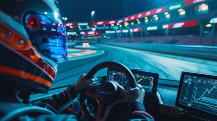 A DevOps engineer at a racing track using real-time data to optimize vehicle performance, in a high-speed sports documentary style.