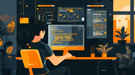 A DevOps engineer in a high-tech workshop creating automated tools for software testing, styled as an artisanal craft workshop.