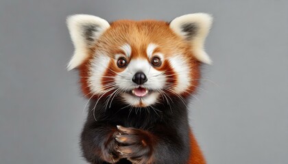 red panda gesturing folded hands in the studio on a light gray, with Generative AI