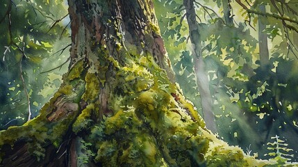 Watercolor, Moss-covered tree trunk, close up, lush forest, dappled sunlight - obrazy, fototapety, plakaty