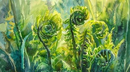 Watercolor, Fern fronds unfurling, close up, vibrant green, understorey life  - obrazy, fototapety, plakaty