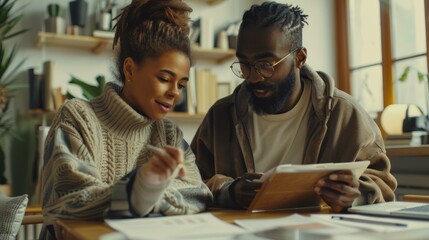 Engaging young couple working collaboratively on digital tablet in cozy home office, dressed in warm sweaters, exuding teamwork and partnership.
