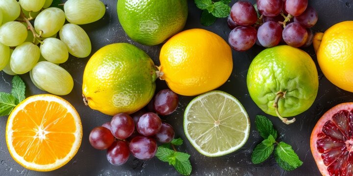 Vibrant assortment of fresh citrus fruits and grapes on dark background, evoking themes of healthy eating and summer refreshments. Copy space.