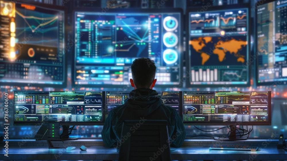 Poster a devops engineer monitoring real-time data flow on multiple screens in a high-tech control room, st