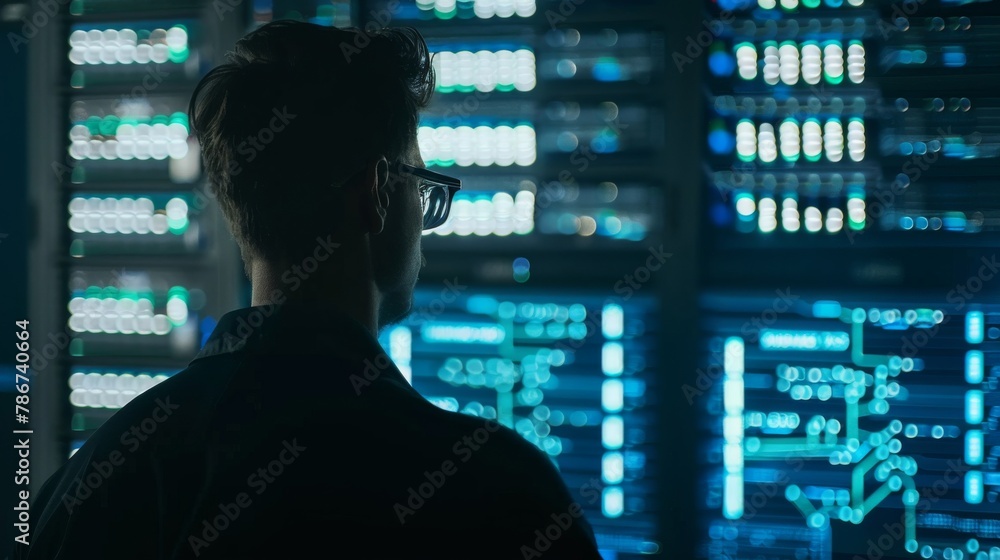 Poster a devops engineer orchestrating server operations with a touch interface, in a clean, apple-like pro