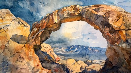 Watercolor, Rock arch formation, close up, framing mountain vista, natural wonder 