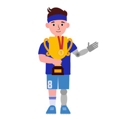 Sporty boy with physical disability holding trophy cup and medal on white background