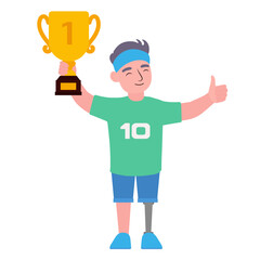 Sportsman with physical disability holding trophy cup on white background
