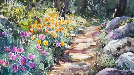 Watercolor, Budding flowers on alpine trail, close up, springâ€™s vibrant herald - obrazy, fototapety, plakaty