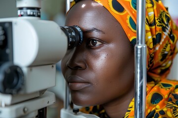 A woman looking through a microscope at something in the background with a bright yellow scarf on