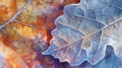 Watercolor, Frost patterns on leaf, close up, crisp morning, transition of fall to winter