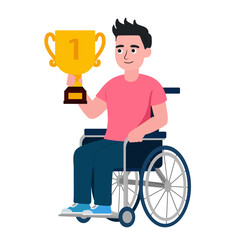 Sportsman in wheelchair holding trophy cup on white background