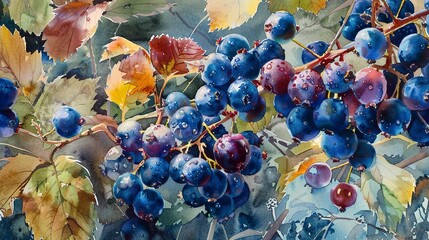 Fototapeta na wymiar Watercolor, Wild berries ripening, close up, late summer bounty, mountain sustenance 