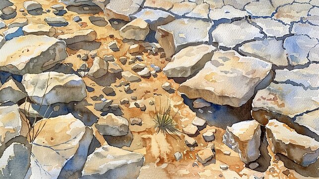 Watercolor, Dry riverbed in late summer, close up, parched stones, seasonal cycle 