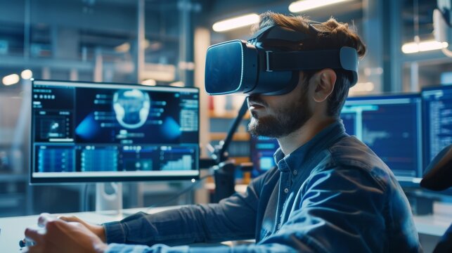 A DevOps engineer using virtual reality to simulate software deployments in a high-tech lab, styled as a cutting-edge tech demo.