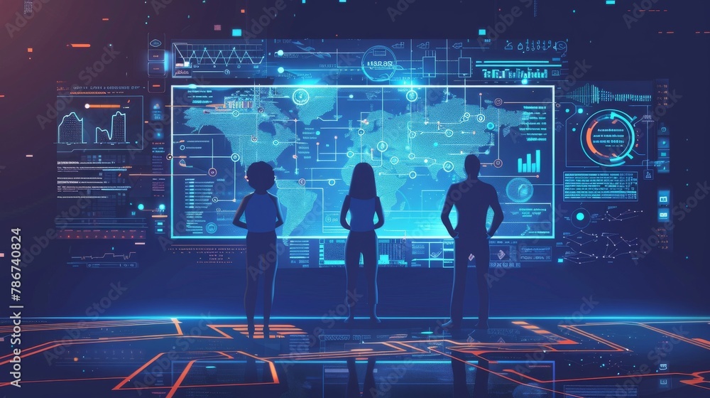 Poster a devops team using advanced ai to predict software outcomes, in an abstract, futuristic ai visualiz