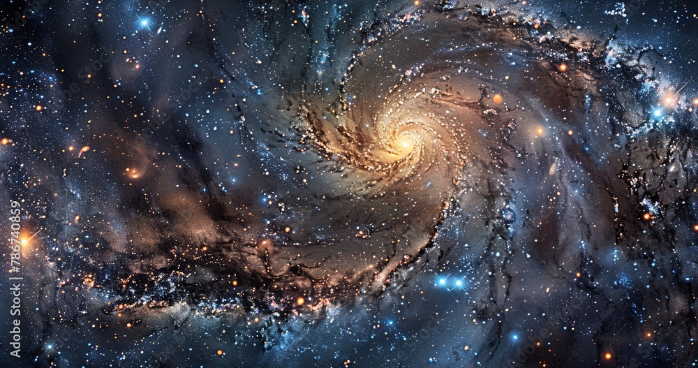 Wall mural a panoramic view capturing the majestic spiral arms of a galaxy as they stretch out from the glowing