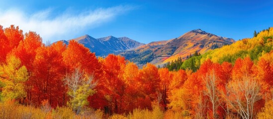 A picturesque autumn scene with mountains and trees ablaze in fiery colors 🍁🏔️ Nature's canvas in the stunning palette of fall! #AutumnSplendor - obrazy, fototapety, plakaty