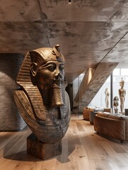 Ancient Egyptian Pharaoh Sculpture in Modern Interior - obrazy, fototapety, plakaty