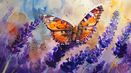 Watercolor, Butterfly on lavender, close up, vibrant, sunlit, highland breeze